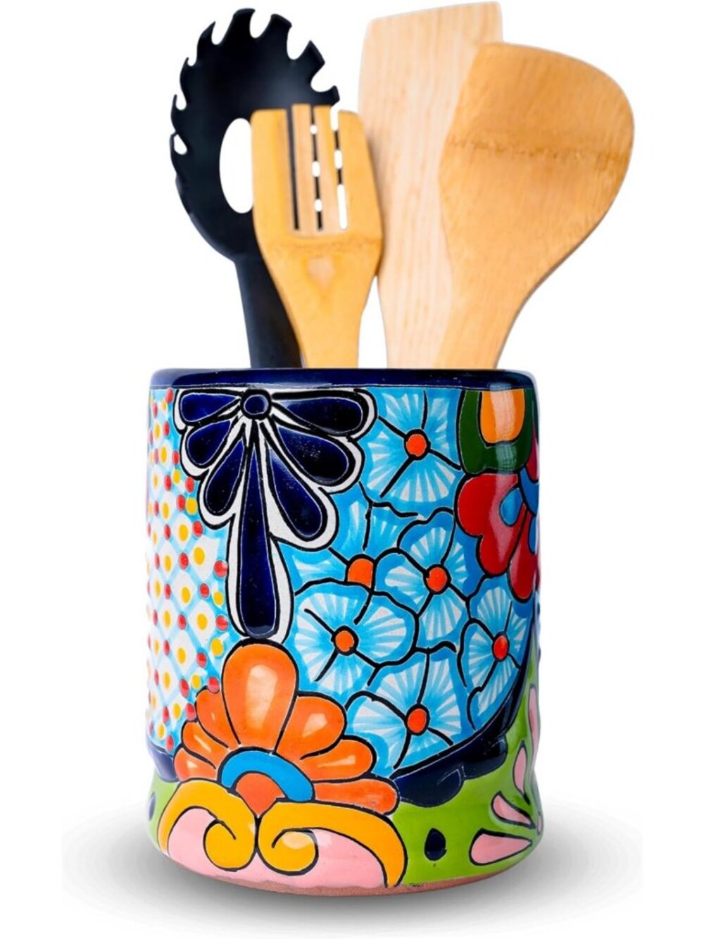 Handmade Cobalt Blue Talavera Utensil Holder - Mexican Spoon Crock, Kitchen
